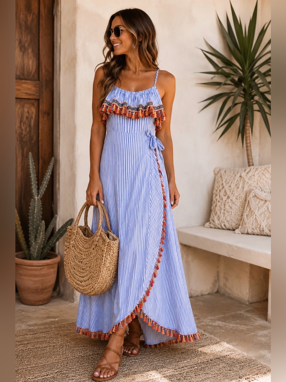 THML Blue & White Striped Tassel Wrap Maxi Dress Boho Size Medium